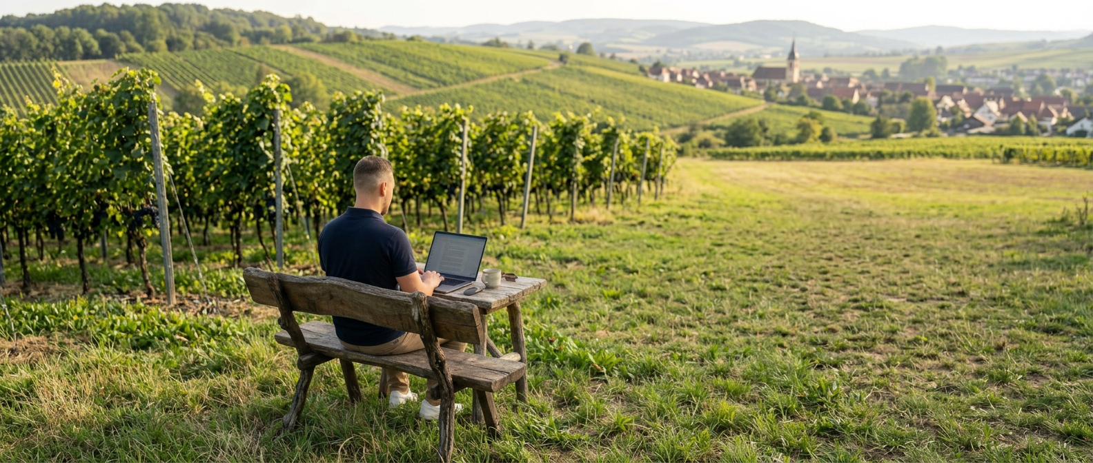 Pascal Mundhenke arbeitet auf einer Bank inmitten der Weinberge, im Hintergrund ein Dorf